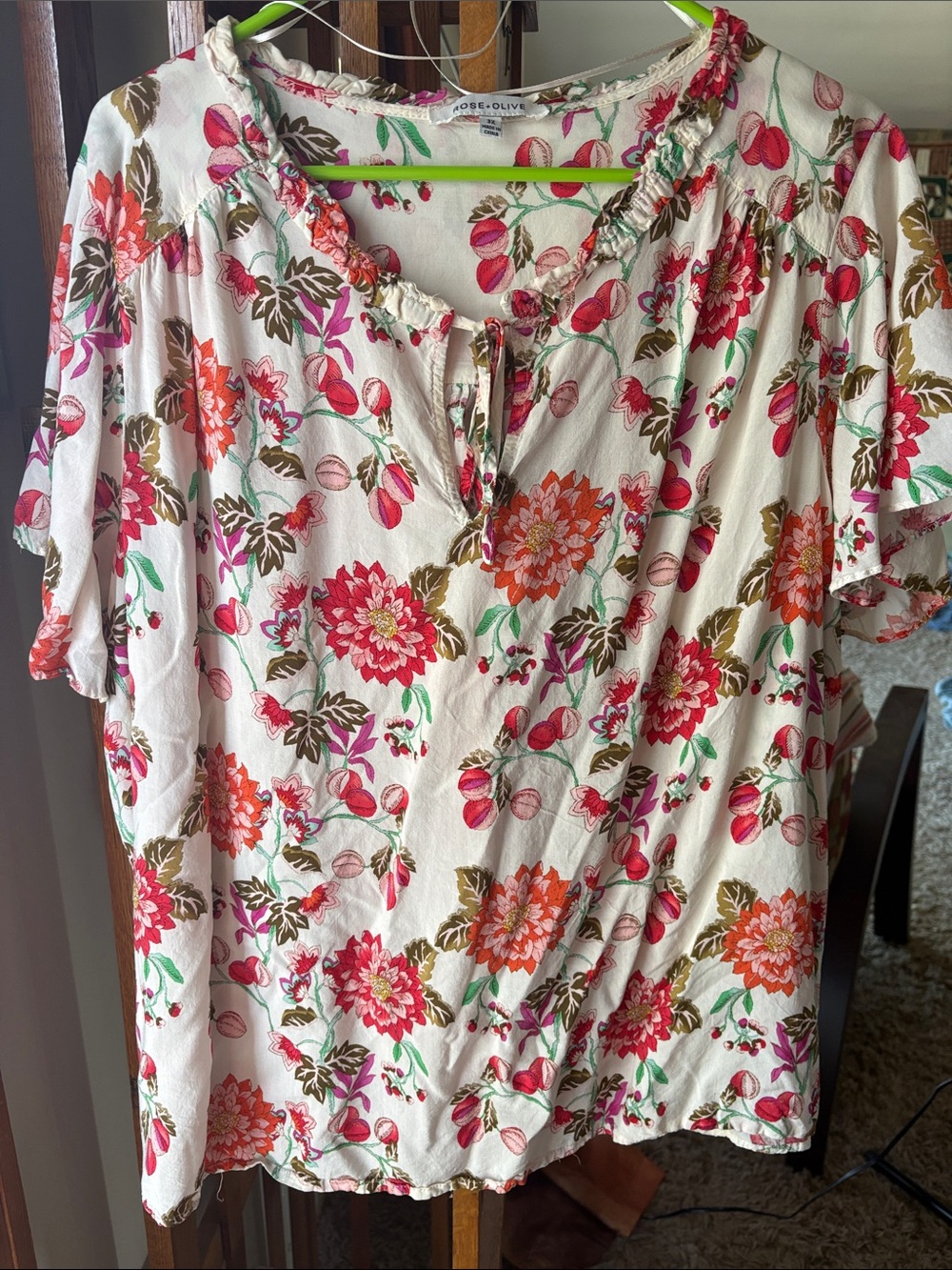 Rose & Olive Floral Cotton Blend Peasant Blouse in Cream, Pink, Orange, Green